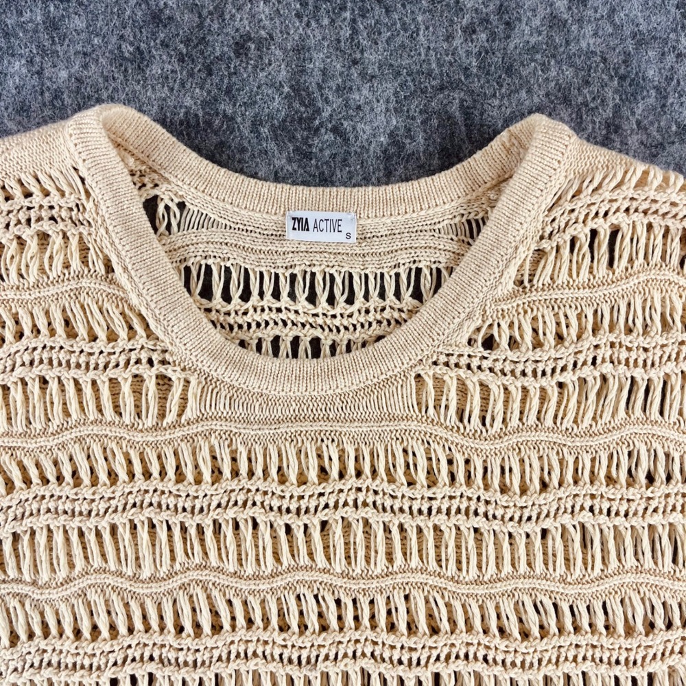 ZYIA Active Hilton Head Sweater‎ Womens S Tan Ivory Knit Short Sleeve Oversized - Picture 4 of 9